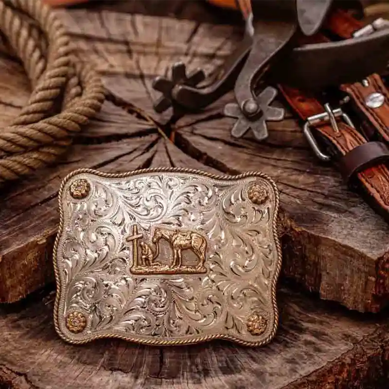 Mens Belt Buckles - Cowboy Praying to a cross